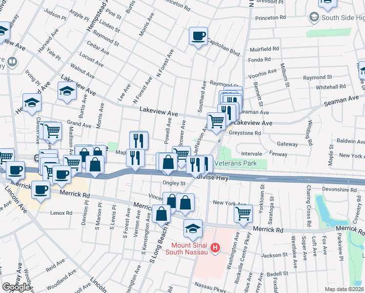 map of restaurants, bars, coffee shops, grocery stores, and more near 15 Brower Avenue in Rockville Centre