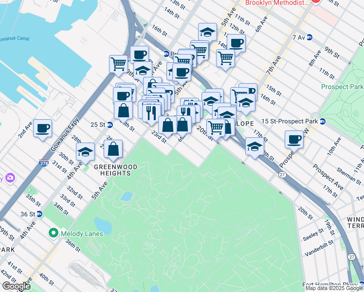 map of restaurants, bars, coffee shops, grocery stores, and more near 735 6th Avenue in Brooklyn