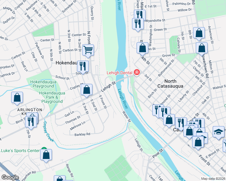 map of restaurants, bars, coffee shops, grocery stores, and more near 3232 Water Street in Hokendauqua