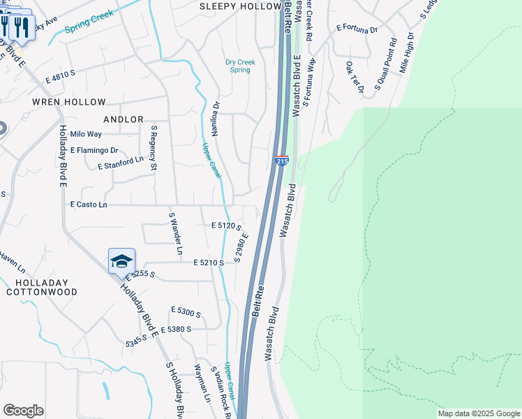 map of restaurants, bars, coffee shops, grocery stores, and more near 3054 East Casto Lane in Holladay