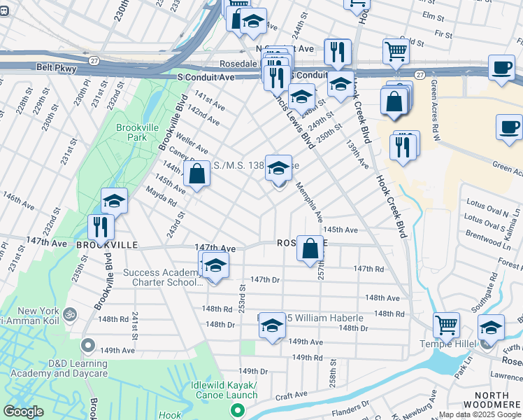 map of restaurants, bars, coffee shops, grocery stores, and more near 143-20 253rd Street in Queens