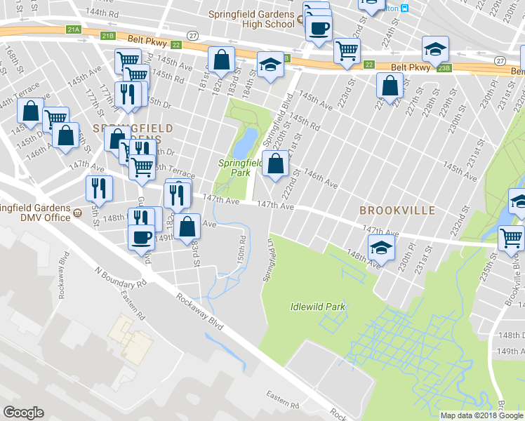 map of restaurants, bars, coffee shops, grocery stores, and more near 220-20 147th Avenue in Queens