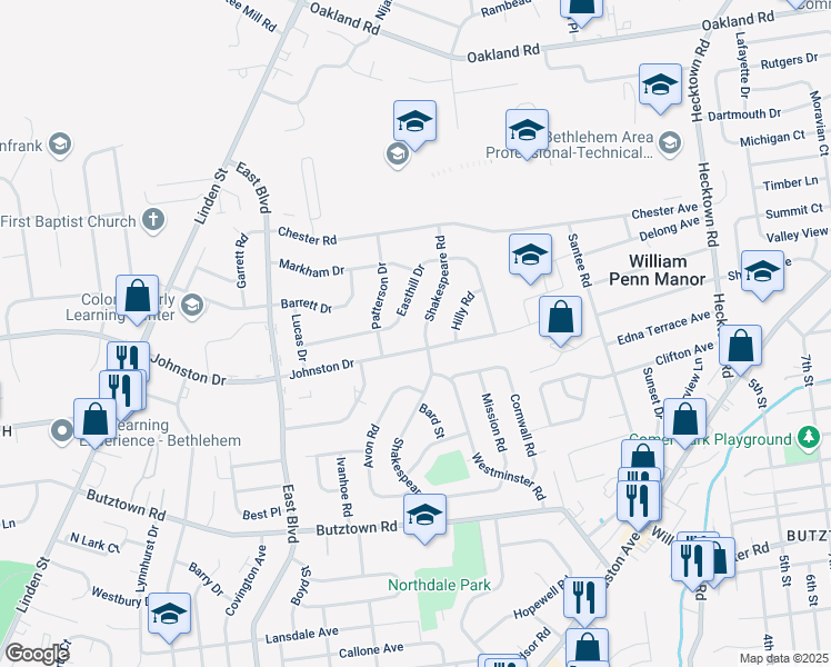 map of restaurants, bars, coffee shops, grocery stores, and more near 2005 Johnston Drive in Bethlehem