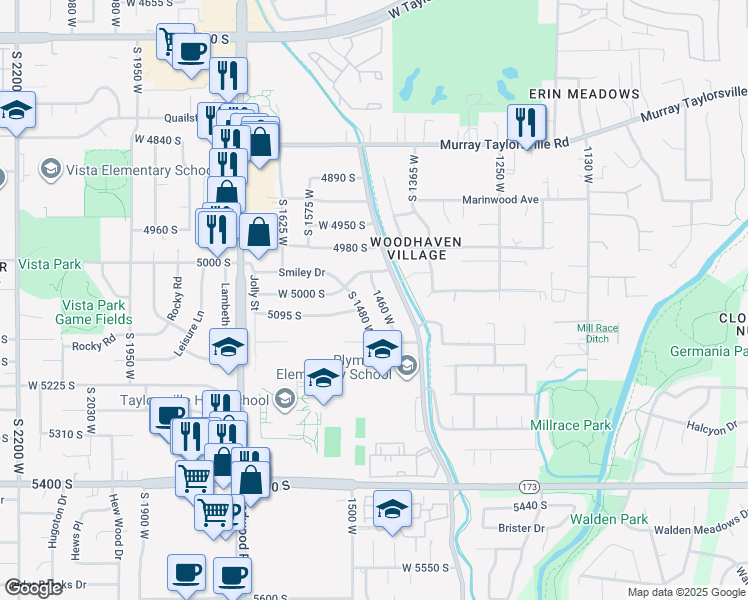 map of restaurants, bars, coffee shops, grocery stores, and more near 5068 1460 West in Taylorsville