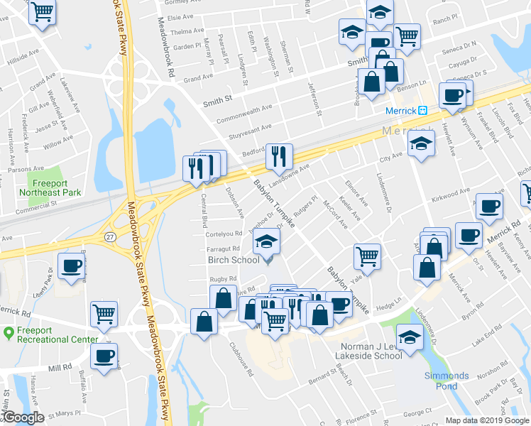 map of restaurants, bars, coffee shops, grocery stores, and more near 18 Ivanhoe Drive in Merrick