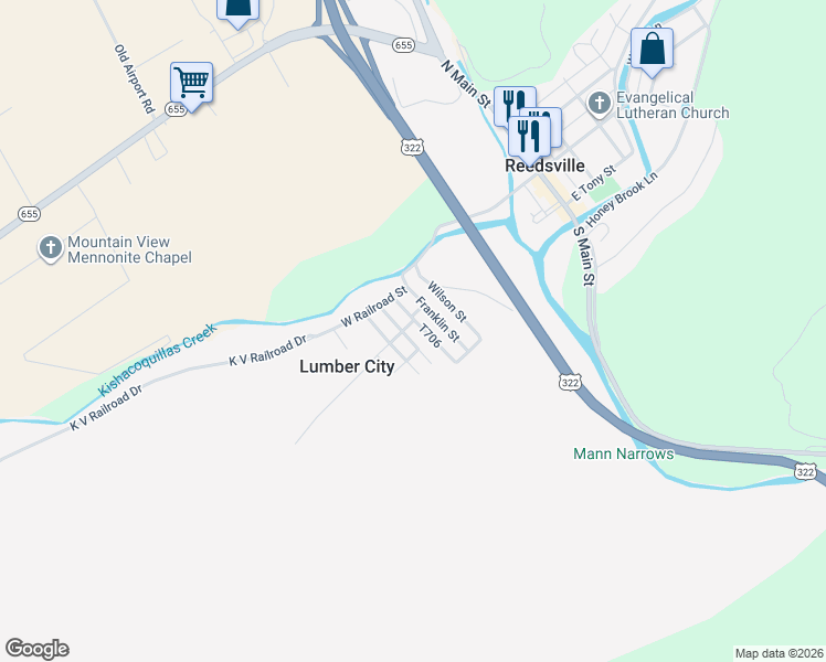 map of restaurants, bars, coffee shops, grocery stores, and more near 42 McNitt Street in Reedsville