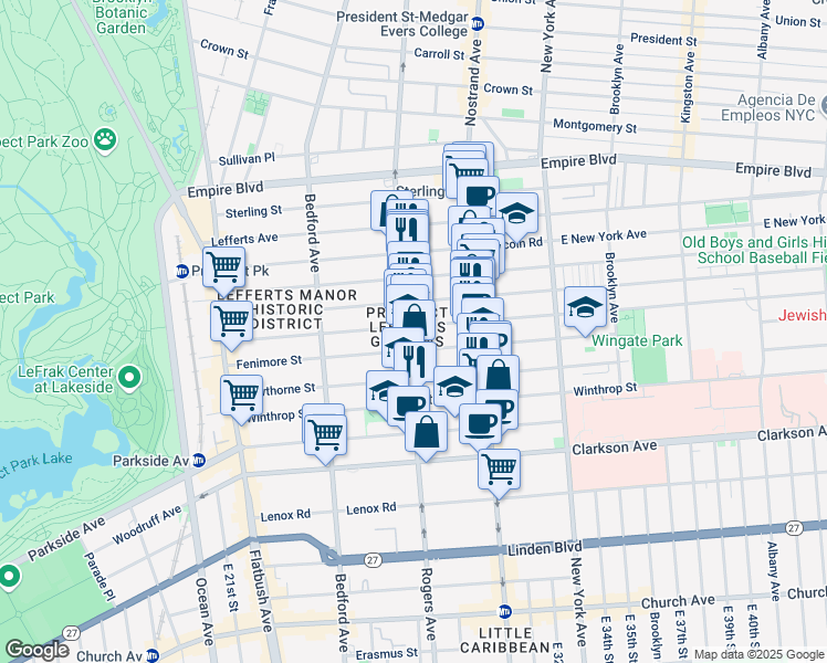 map of restaurants, bars, coffee shops, grocery stores, and more near 527 Rogers Avenue in Brooklyn