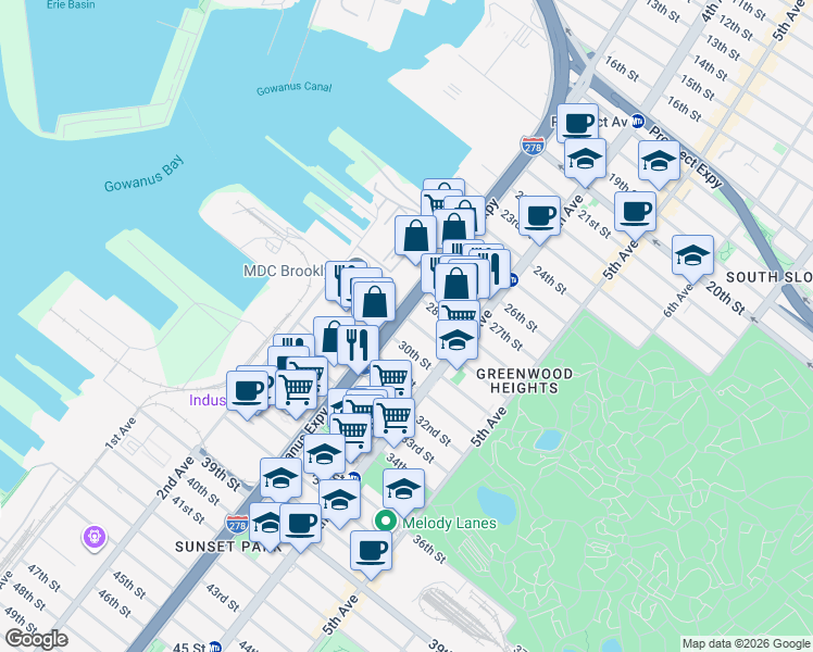 map of restaurants, bars, coffee shops, grocery stores, and more near 124 29th Street in Brooklyn