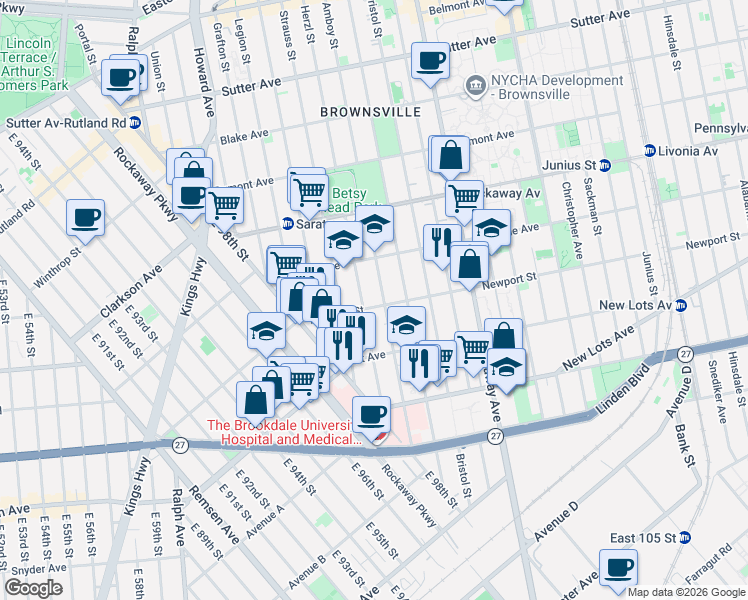 map of restaurants, bars, coffee shops, grocery stores, and more near 447 Herzl Street in Brooklyn
