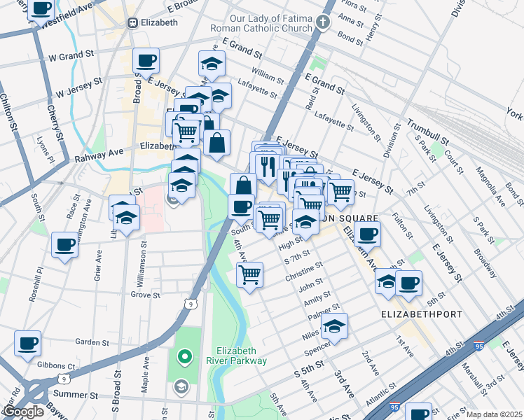 map of restaurants, bars, coffee shops, grocery stores, and more near 231 South Street in Elizabeth