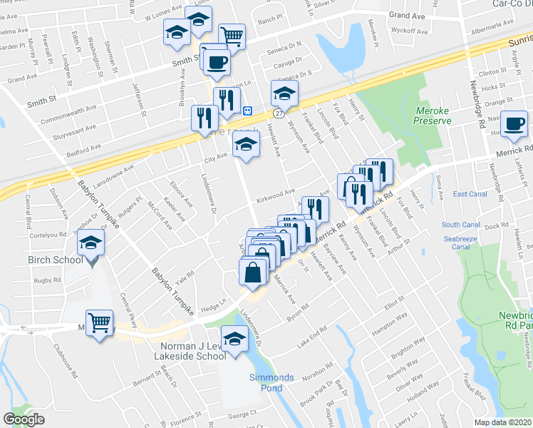 map of restaurants, bars, coffee shops, grocery stores, and more near 2043 Cornell Place in Merrick