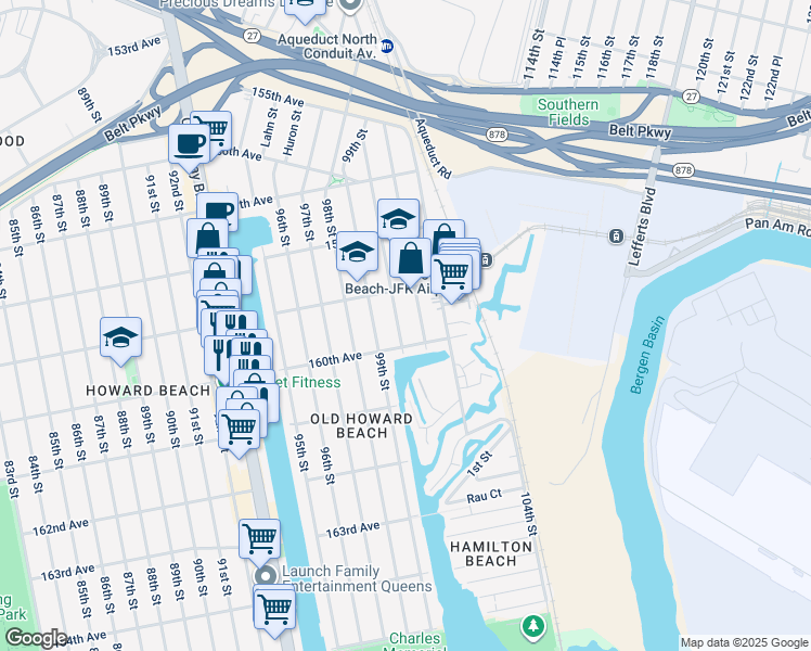 map of restaurants, bars, coffee shops, grocery stores, and more near 159-37 100th Street in Queens