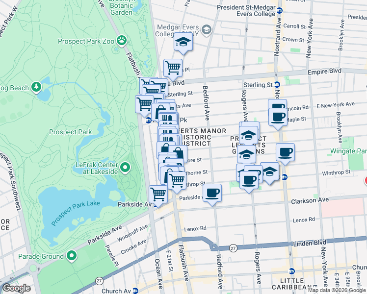 map of restaurants, bars, coffee shops, grocery stores, and more near 47 Rutland Road in Brooklyn