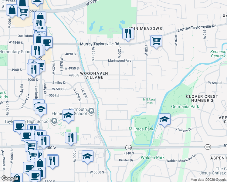 map of restaurants, bars, coffee shops, grocery stores, and more near 1265 West 5050 South in Salt Lake City