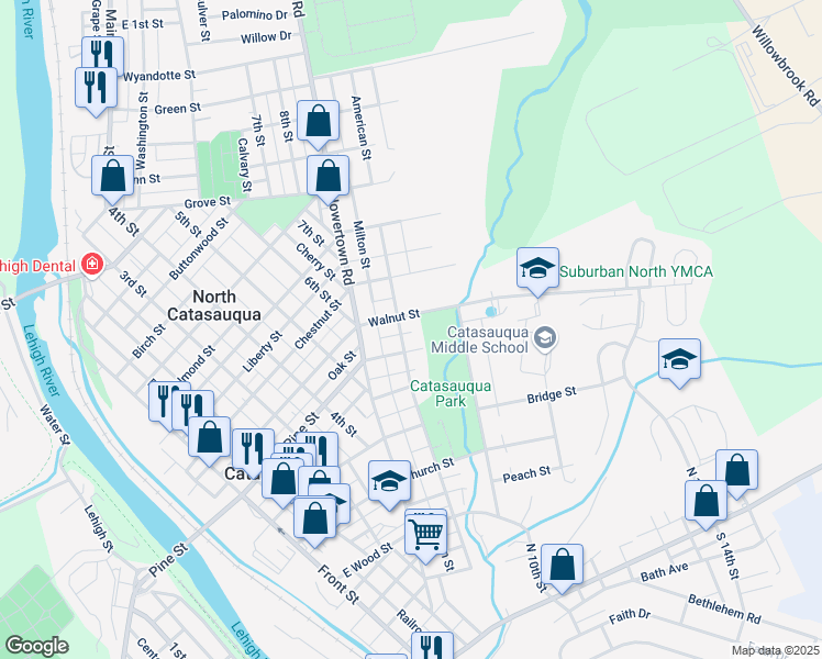 map of restaurants, bars, coffee shops, grocery stores, and more near 625 American Street in Catasauqua