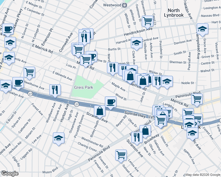 map of restaurants, bars, coffee shops, grocery stores, and more near 24 Acorn Place in Lynbrook