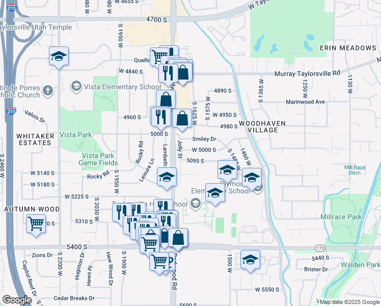 map of restaurants, bars, coffee shops, grocery stores, and more near 1637 Paradise Lane in Taylorsville