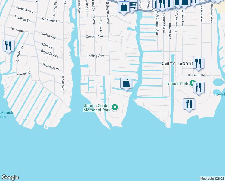 map of restaurants, bars, coffee shops, grocery stores, and more near 290 South Bayview Avenue in Amityville