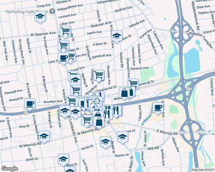 map of restaurants, bars, coffee shops, grocery stores, and more near 75 Commercial Street in Freeport