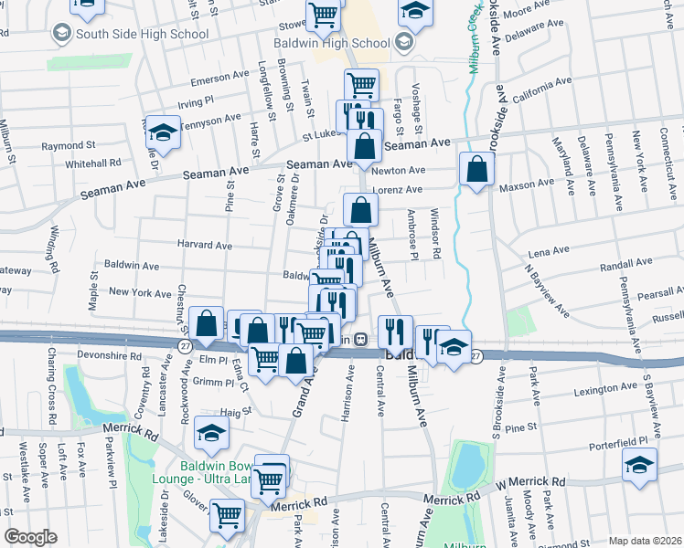 map of restaurants, bars, coffee shops, grocery stores, and more near 2091 Grand Avenue in Baldwin