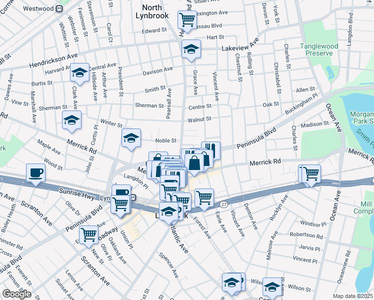 map of restaurants, bars, coffee shops, grocery stores, and more near 50 Hempstead Avenue in Lynbrook