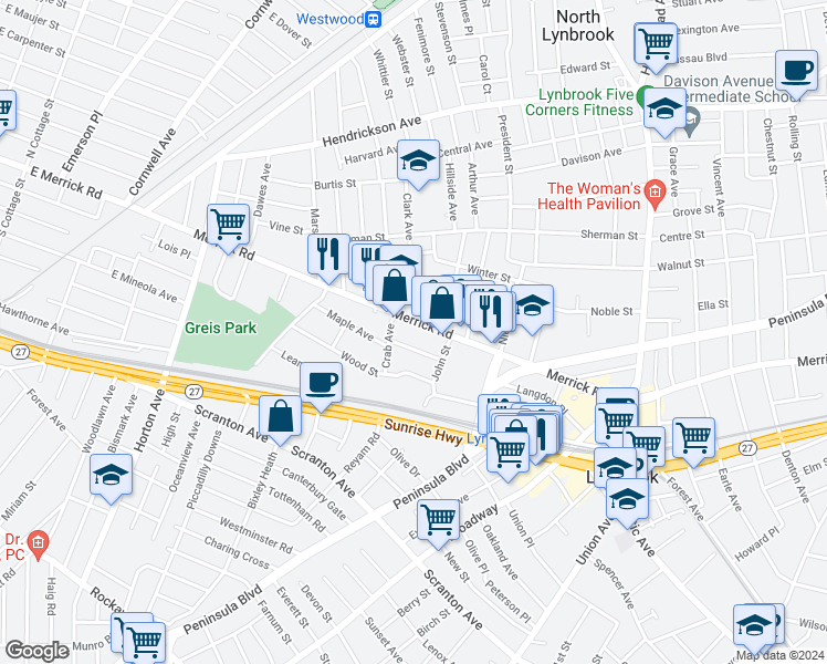map of restaurants, bars, coffee shops, grocery stores, and more near 504 Merrick Road in Lynbrook