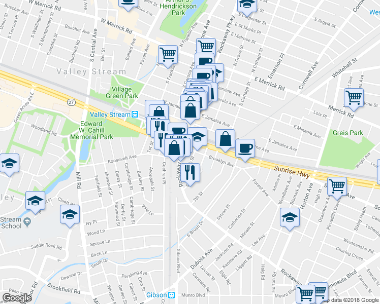 map of restaurants, bars, coffee shops, grocery stores, and more near 20 Brooklyn Avenue in Valley Stream