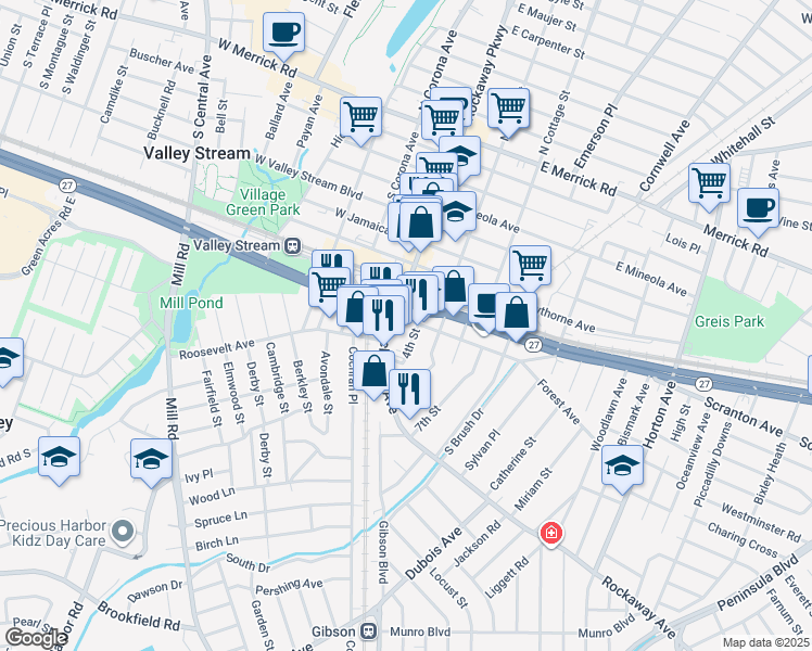 map of restaurants, bars, coffee shops, grocery stores, and more near 20 Brooklyn Avenue in Valley Stream