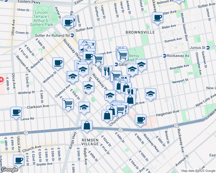 map of restaurants, bars, coffee shops, grocery stores, and more near 369 Rockaway Parkway in Brooklyn