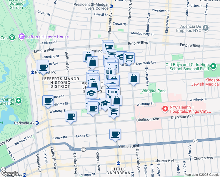 map of restaurants, bars, coffee shops, grocery stores, and more near 276 Rutland Road in Brooklyn