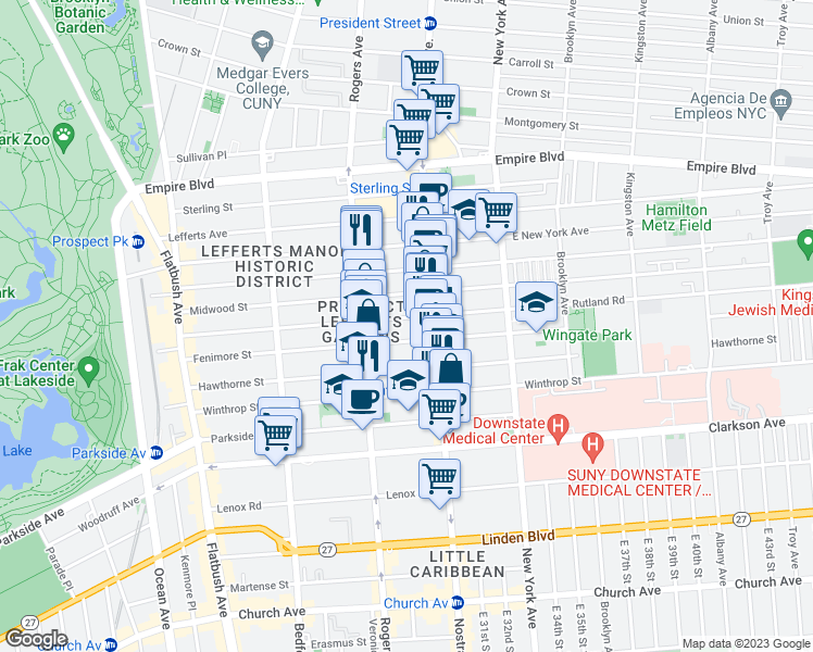 map of restaurants, bars, coffee shops, grocery stores, and more near 276 Rutland Road in Brooklyn