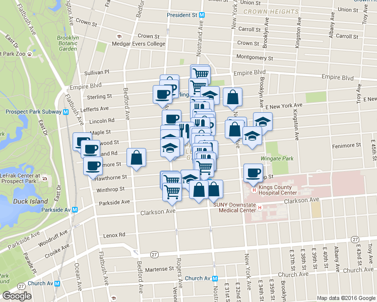 map of restaurants, bars, coffee shops, grocery stores, and more near 270 Rutland Road in Brooklyn