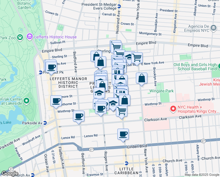 map of restaurants, bars, coffee shops, grocery stores, and more near 276 Rutland Road in Brooklyn