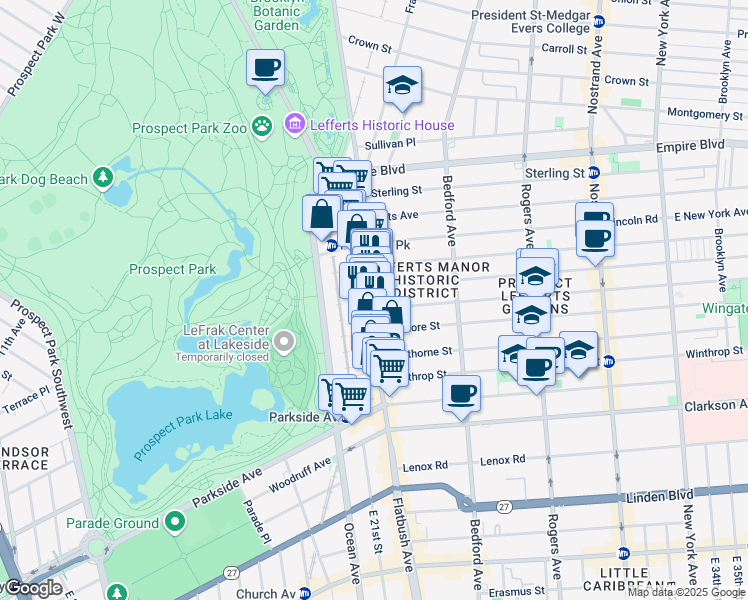 map of restaurants, bars, coffee shops, grocery stores, and more near 595 Flatbush Avenue in Brooklyn