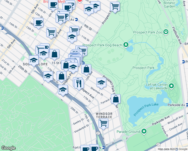 map of restaurants, bars, coffee shops, grocery stores, and more near 549 16th Street in Brooklyn