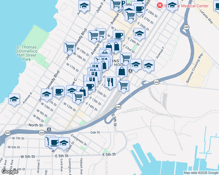 map of restaurants, bars, coffee shops, grocery stores, and more near 153 Avenue E in Bayonne