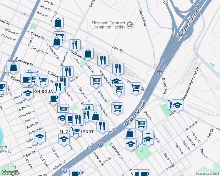 map of restaurants, bars, coffee shops, grocery stores, and more near 547 Court Street in Elizabeth