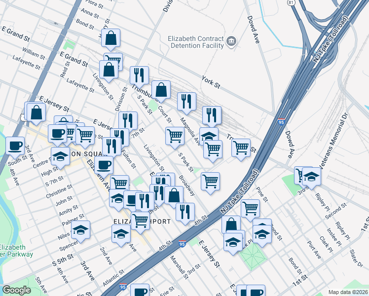 map of restaurants, bars, coffee shops, grocery stores, and more near 547 Court Street in Elizabeth