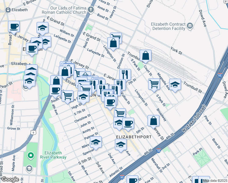 map of restaurants, bars, coffee shops, grocery stores, and more near 60 Division Street in Elizabeth