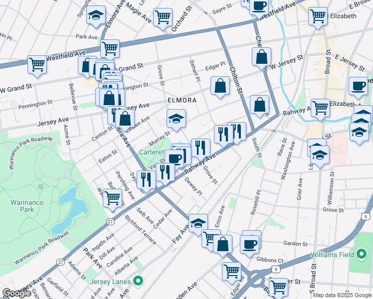 map of restaurants, bars, coffee shops, grocery stores, and more near 420 Vine Street in Elizabeth
