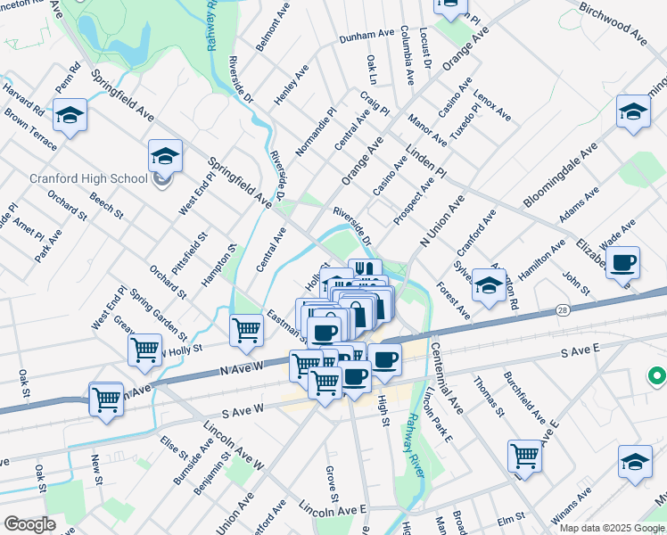 map of restaurants, bars, coffee shops, grocery stores, and more near 214 Holly Street in Cranford