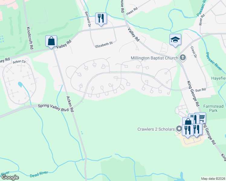 map of restaurants, bars, coffee shops, grocery stores, and more near 255 Potomac Drive in Bernards