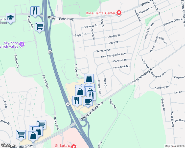 map of restaurants, bars, coffee shops, grocery stores, and more near 2820 Hope Road in Easton