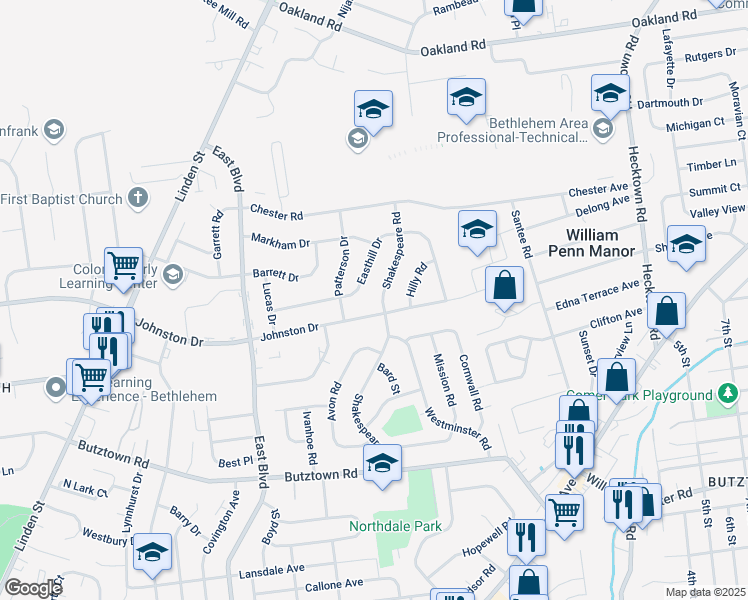 map of restaurants, bars, coffee shops, grocery stores, and more near 2005 Johnston Drive in Bethlehem