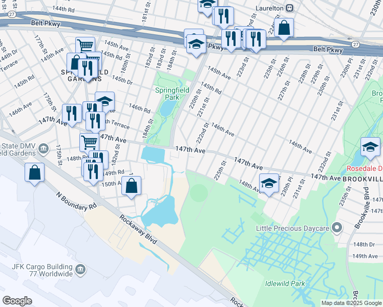 map of restaurants, bars, coffee shops, grocery stores, and more near 221-20 147th Avenue in Queens