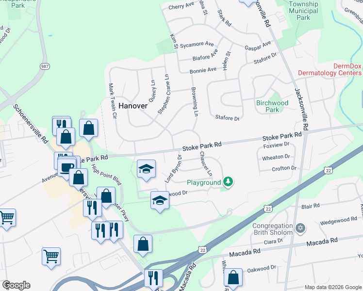 map of restaurants, bars, coffee shops, grocery stores, and more near 1570 Stoke Park Road in Bethlehem