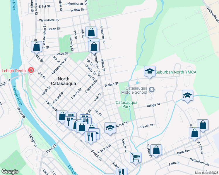 map of restaurants, bars, coffee shops, grocery stores, and more near 625 American Street in Catasauqua