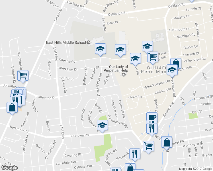 map of restaurants, bars, coffee shops, grocery stores, and more near 2037 Johnston Dr in Bethlehem