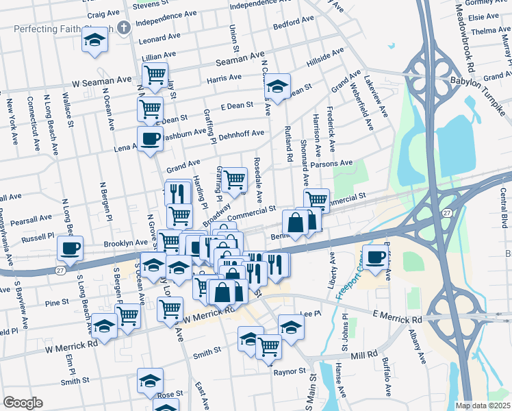 map of restaurants, bars, coffee shops, grocery stores, and more near 75 Commercial Street in Freeport