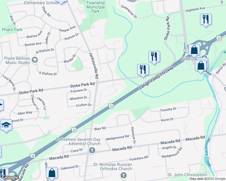 map of restaurants, bars, coffee shops, grocery stores, and more near 704 Overlook Drive in Bethlehem